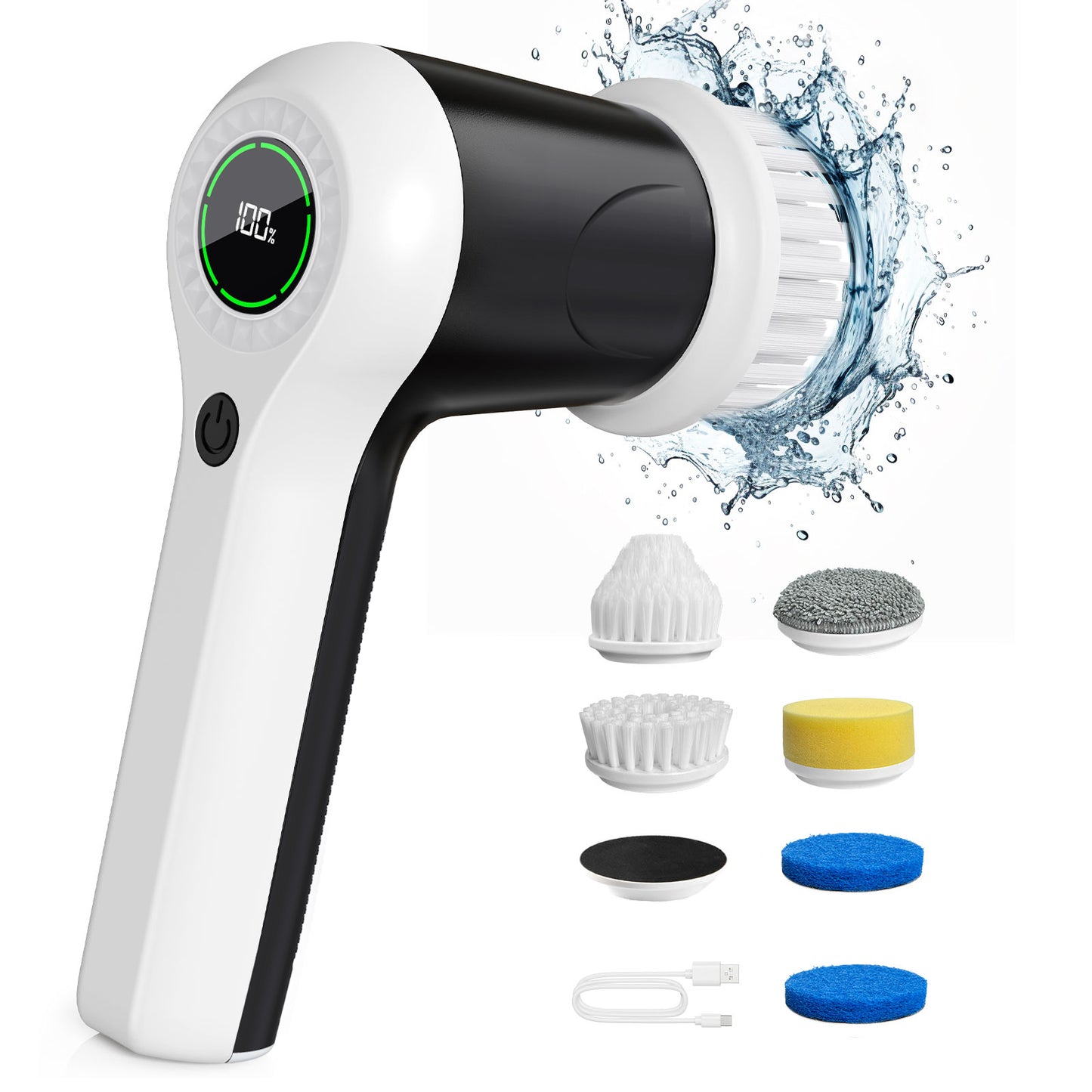 Puftem Electric Spin Scrubber – Power Up, Scrub Less with 6 replaceable heads, digital battery display, and splash-proof design for home cleaning.