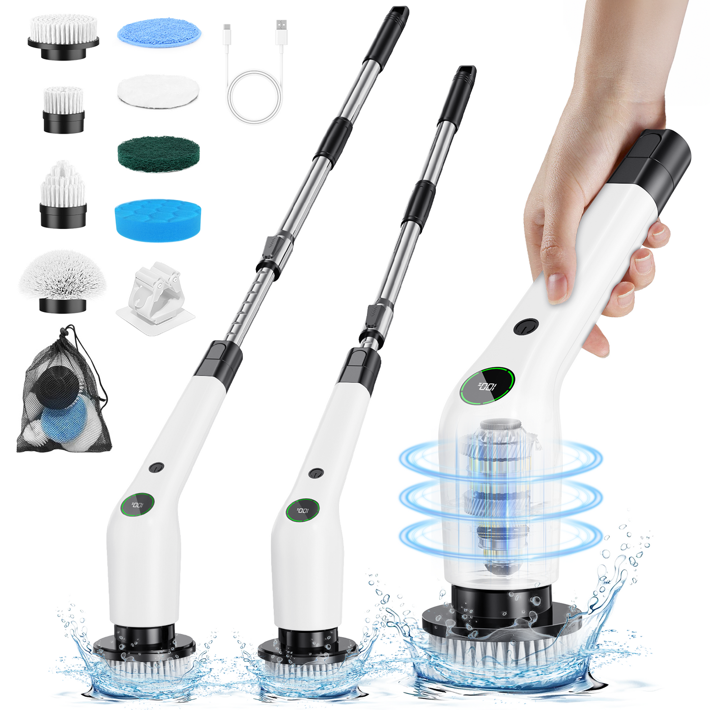 PUFTEM Electric Spin Scrubber with adjustable handle, 8 brush heads, and cordless design for effortless home cleaning. Ideal for reaching high or low areas.
