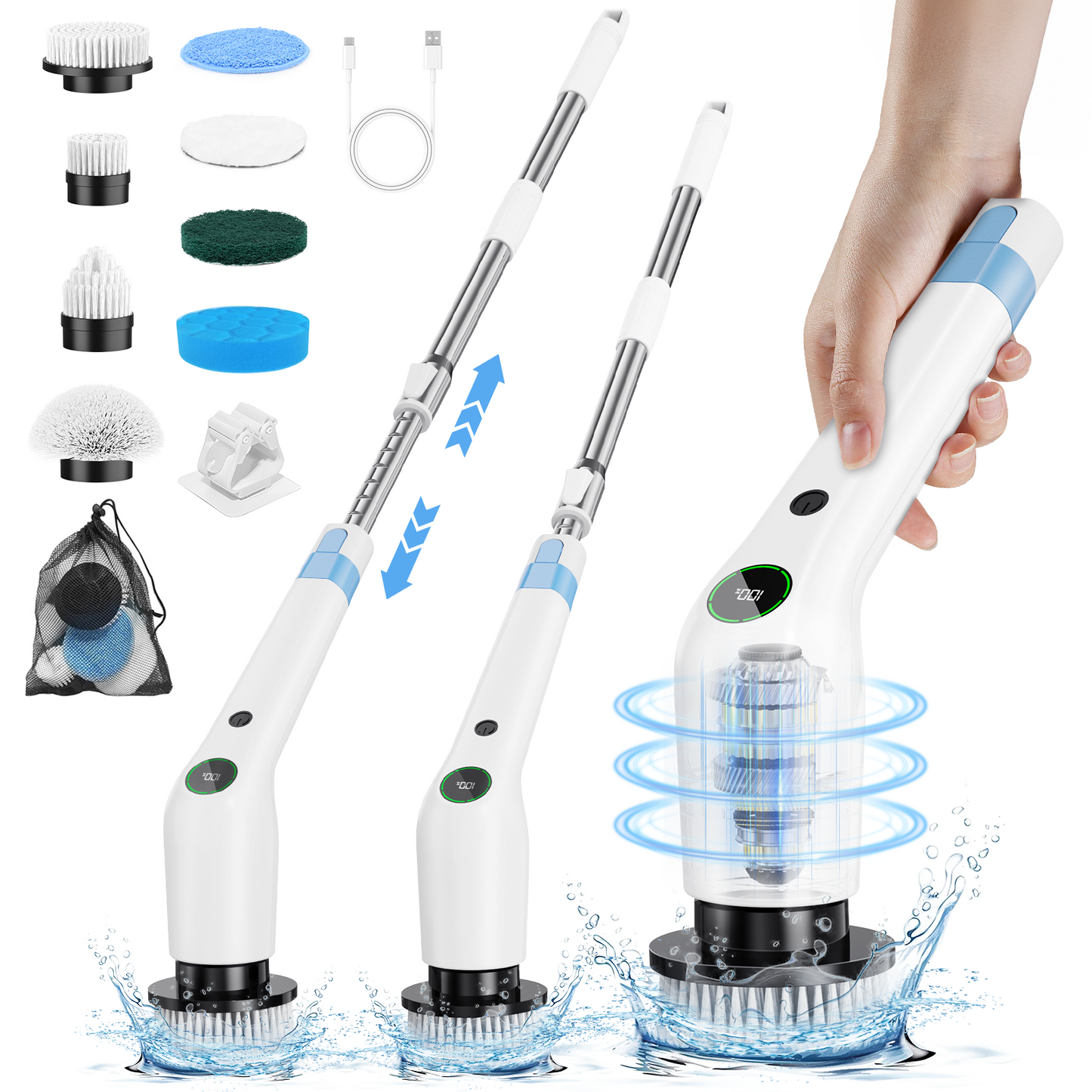 PUFTEM Electric Spin Scrubber with adjustable handle, 8 brush heads, and cordless design for effortless home cleaning. Ideal for reaching high or low areas.