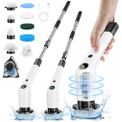 PUFTEM Electric Spin Scrubber with adjustable handle, 8 brush heads, and cordless design for effortless home cleaning. Ideal for reaching high or low areas.